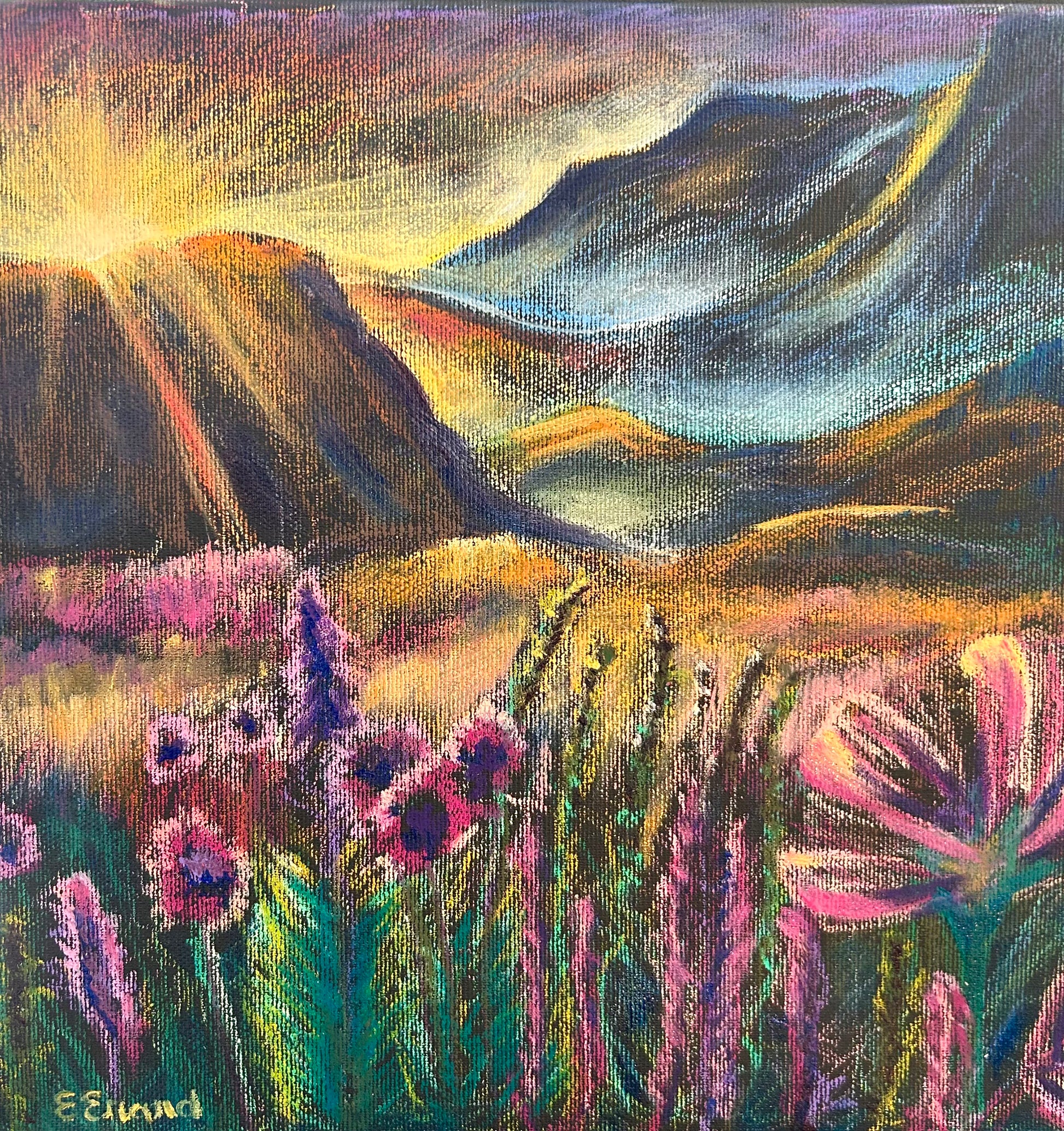 Dreamy sunset, 30x30cm, original oil pastel and oil painting, Emmanuelle Erard Art