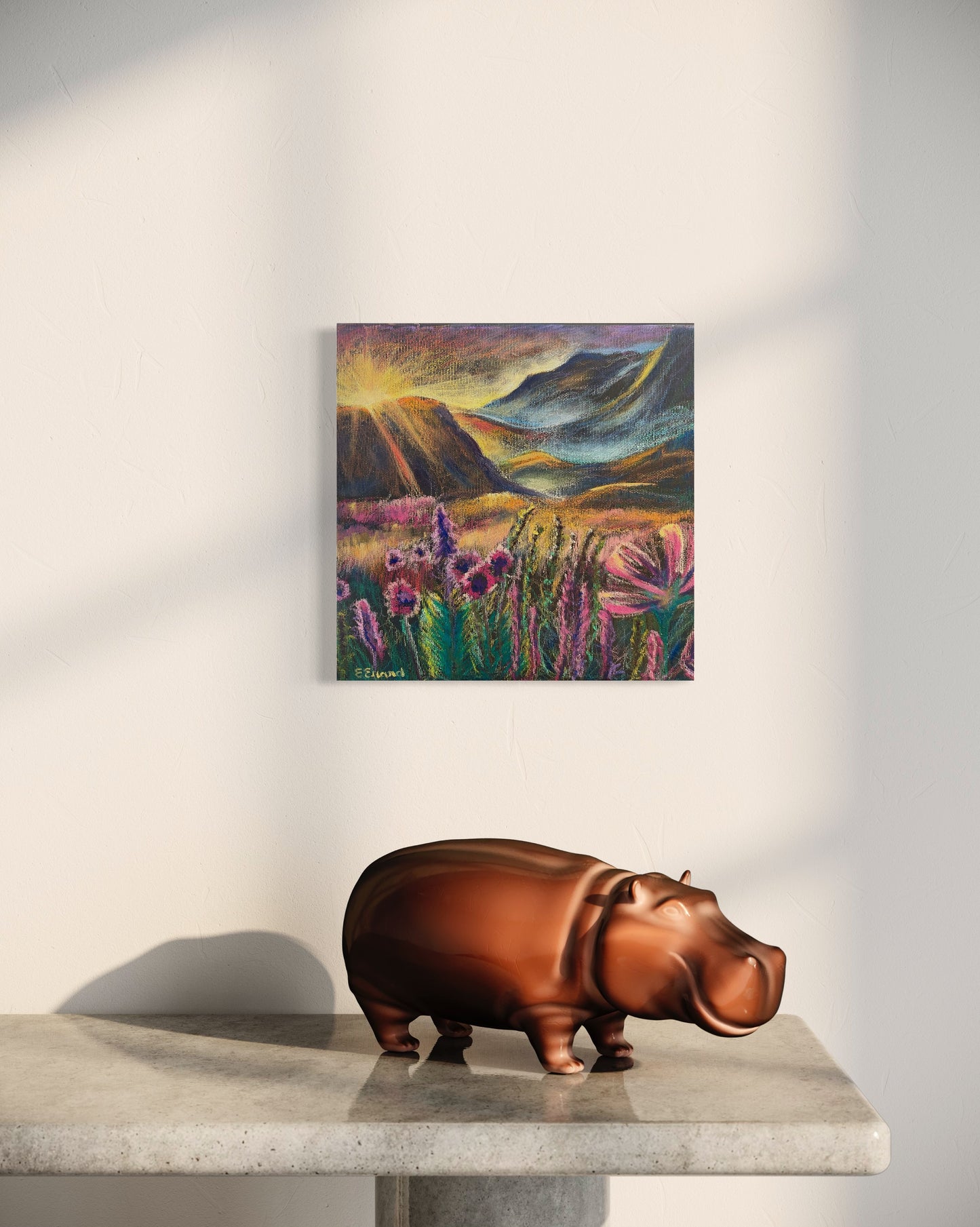 Dreamy sunset, 30x30cm, original oil pastel and oil painting, Emmanuelle Erard Art