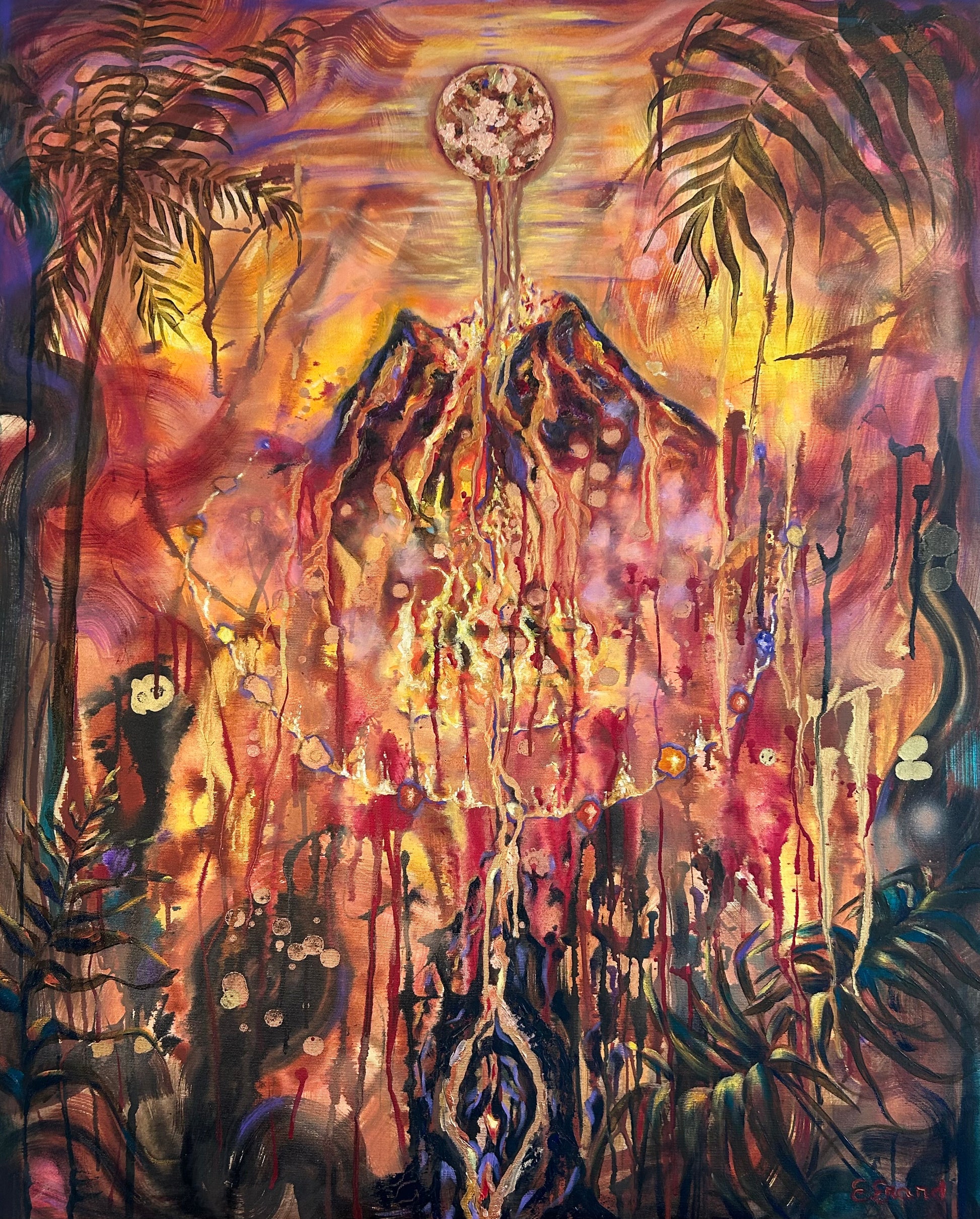Earthgasm Painting, Full Moon, Volcano, Fire, earth awakening, spirituality, Feminine energy