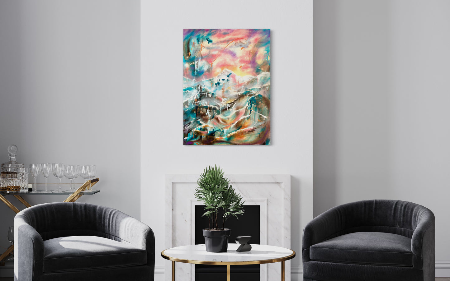 Wild wild mountains, 80x60cm, original oil painting, for a dreamy and adventure feeling, Emmanuelle Erard Art