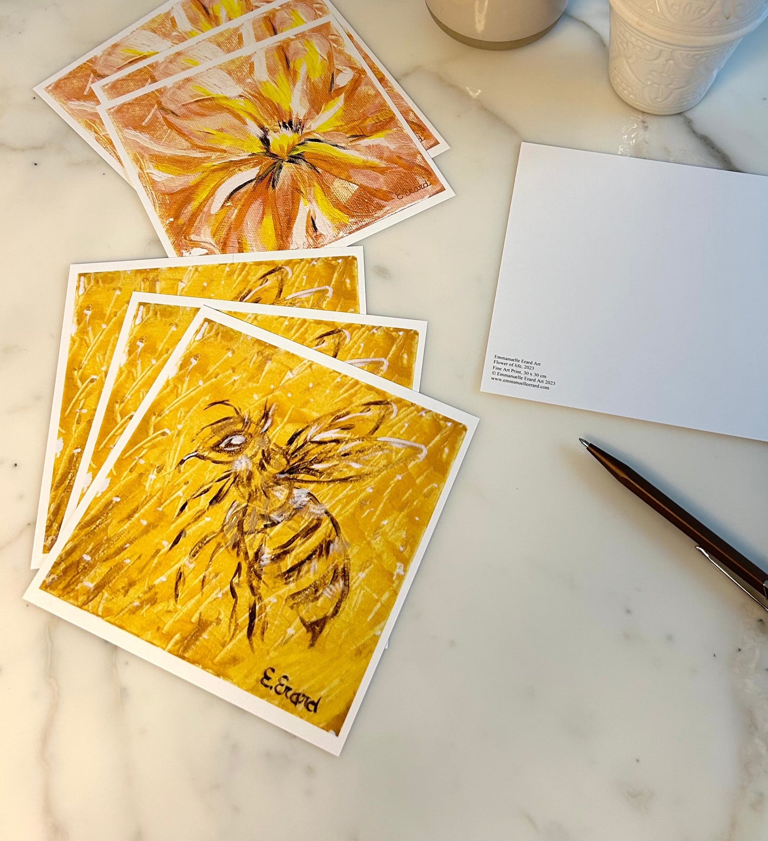 flower of joy and bee, set of 6 cards, A6, Emmanuelle Erard Art