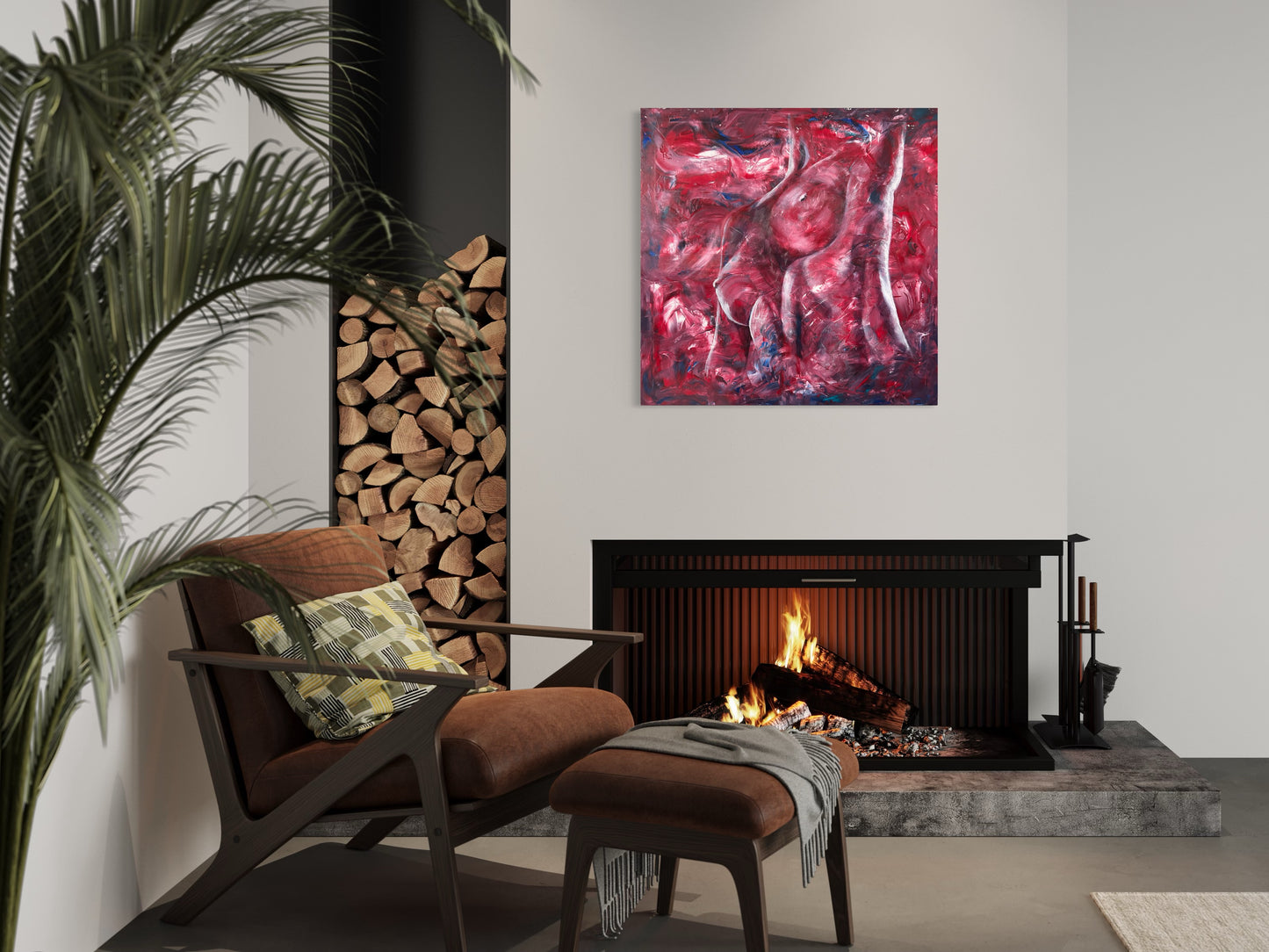 Woman and fire, oil painting, warm and energy, sensual feeling in your space