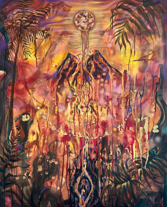Earthgasm Painting, Full Moon, Volcano, Fire, earth awakening, spirituality, Feminine energy