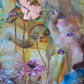 Faith painting detail with waterlilies leaves, anemone flower, ocean mushrooms, water bubbles. A mix of the earth and water world. Emmanuelle Erard Art