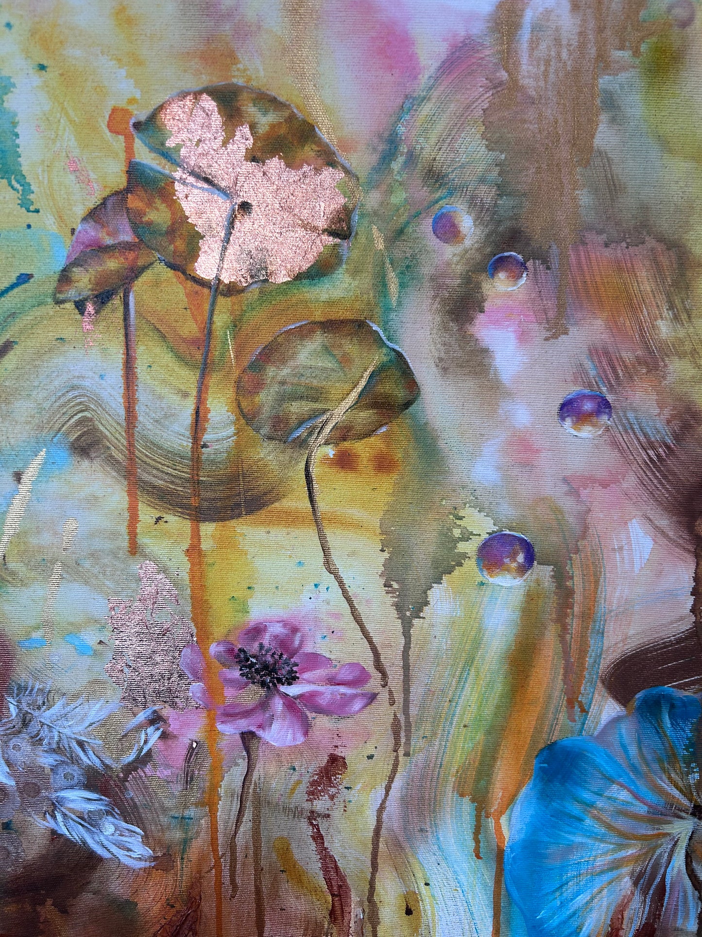 Faith painting detail with waterlilies leaves, anemone flower, ocean mushrooms, water bubbles. A mix of the earth and water world. Emmanuelle Erard Art