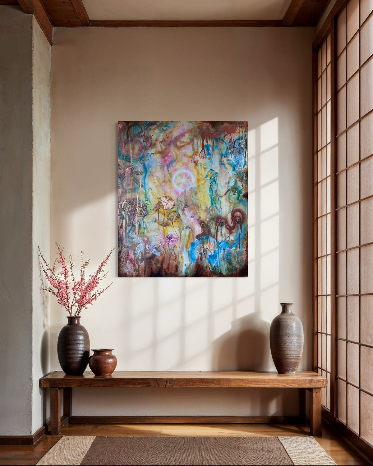 Faith spiritual painting for a relaxing and peaceful feeling at the entrance of the room, to come home to oneself. Emmanuelle Erard Art