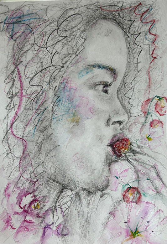 Savoring the Strawberries - original drawing